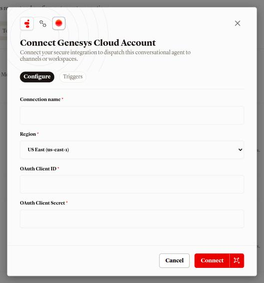 نافذة ربط Genesys Cloud على تبويب الإعداد