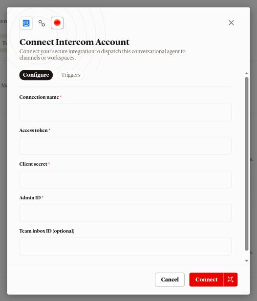 نافذة ربط حساب Intercom على تبويب الإعداد