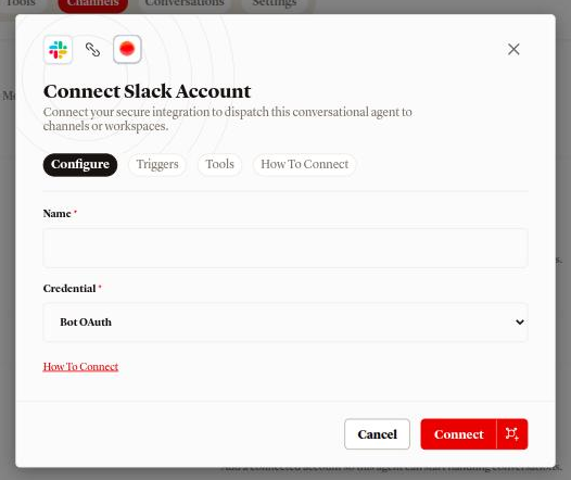 The Connect Slack Account dialog on the Configure tab