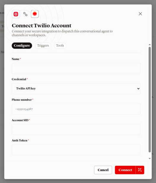 نافذة ربط Twilio على تبويب الإعداد