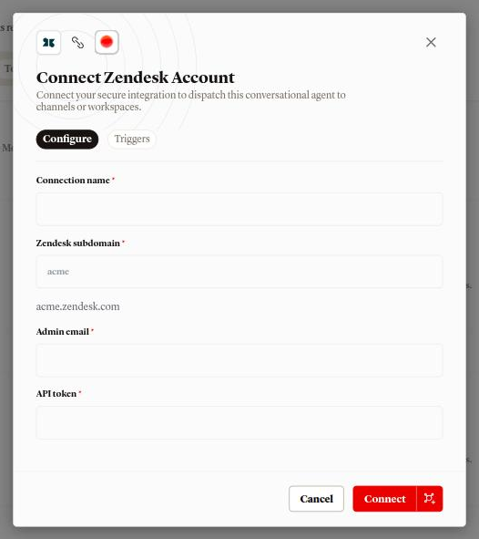 نافذة ربط Zendesk على تبويب الإعداد