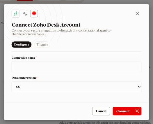 The Connect Zoho Desk Account dialog on the Configure tab